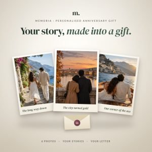 Three printed photographs of couples and a sealed letter: Memoria, a personalised digital anniversary gift